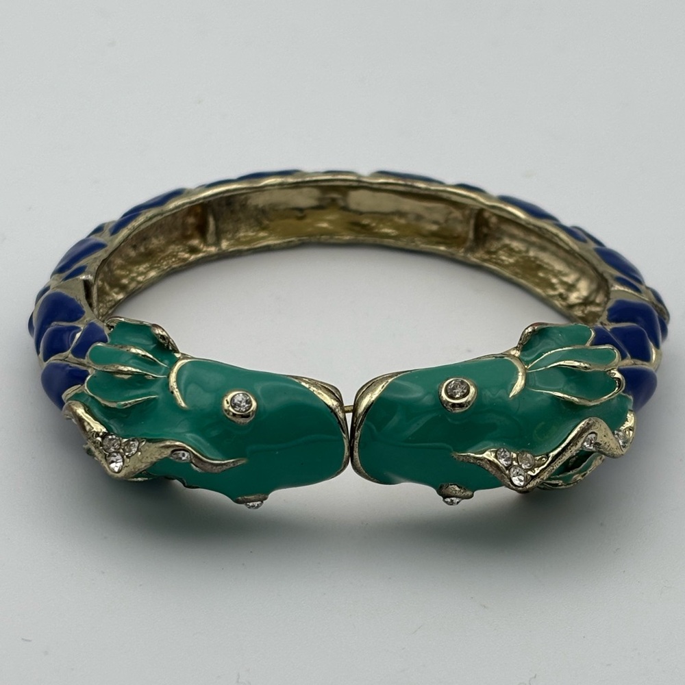 Enamel Rhinestone Fish Stretch Bracelet VTG Blue Green